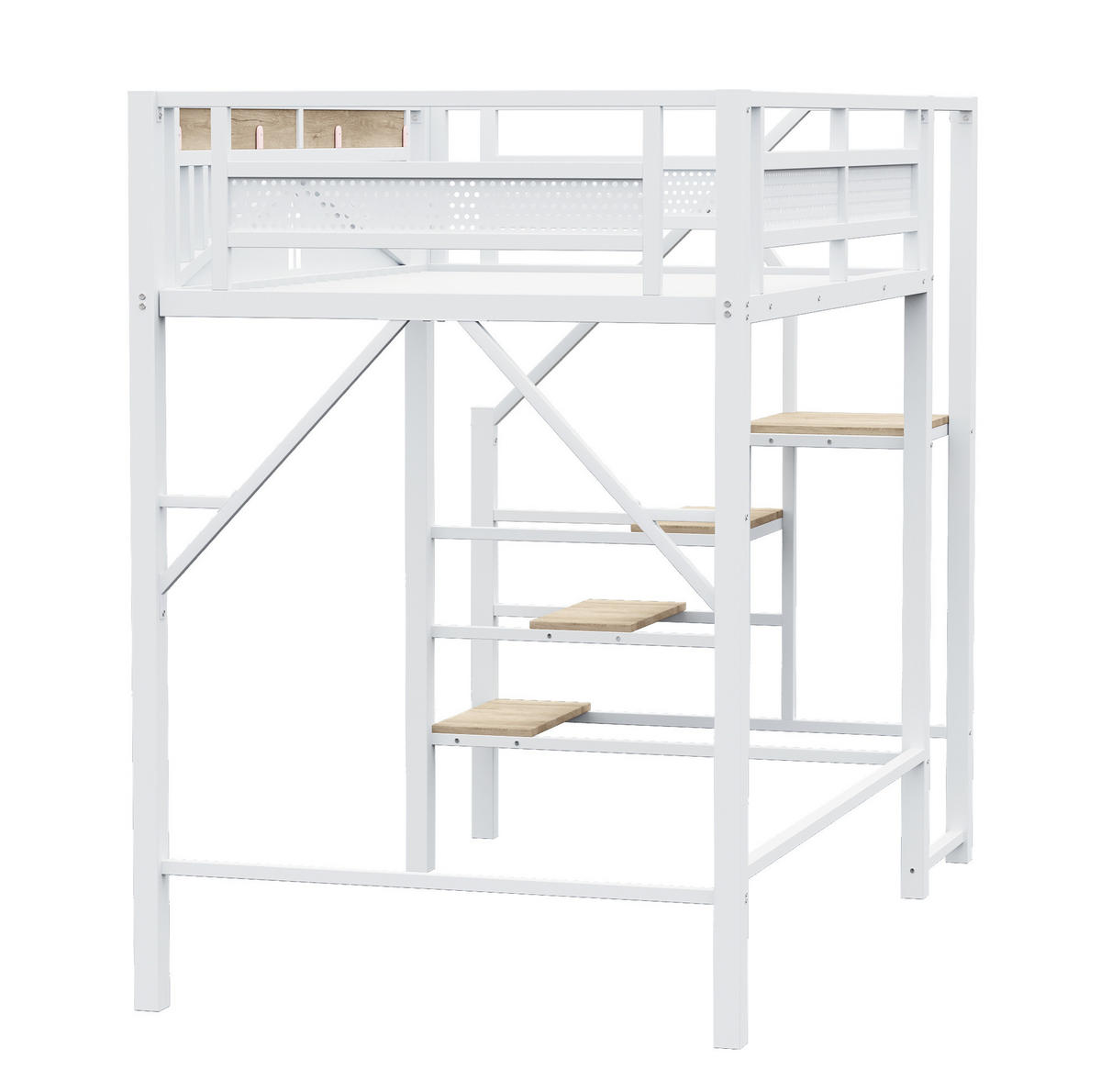 HOCHBETT 140/200 cm aus Metall und Holz mit Sicherheitsleiter, Stauraum und Fensterdesign, Weiß - Weiß, Metall (140/200cm) - Redom