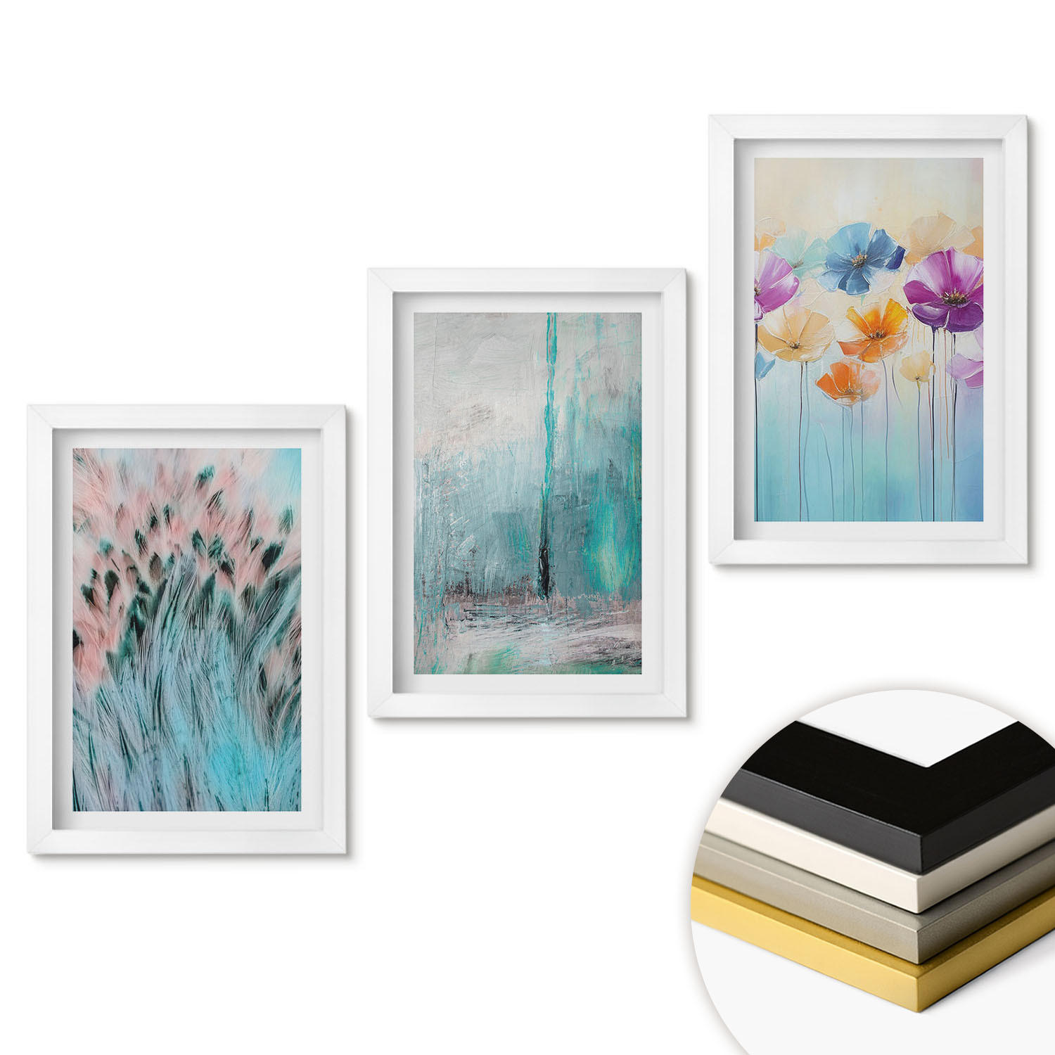 WANDBILDER 3er-Set - 20x30 cm Weißer Rahmen - Hintergrundmuster mit Pastellblumen - Weiß, Kunststoff (20/30cm) - ArtPrintCave