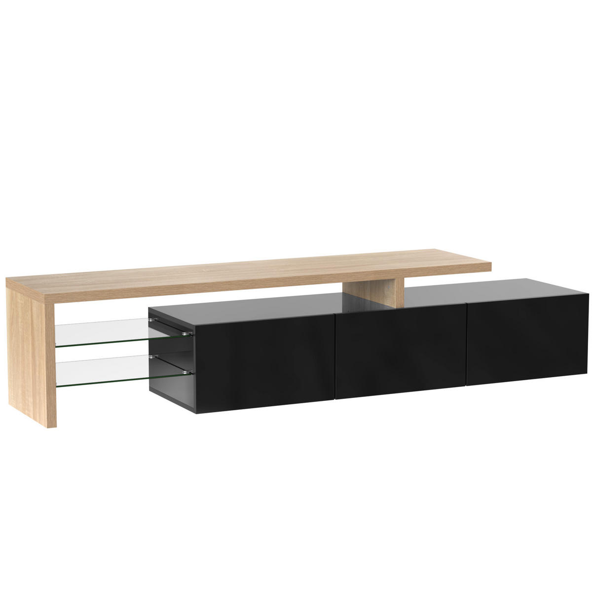 LOWBOARD 197,5/39/42 cm in Schwarz/Natur mit LED-Beleuchtung und Glasböden - Naturfarben, Holzwerkstoff (197.5/42/39cm) - Flora Grace