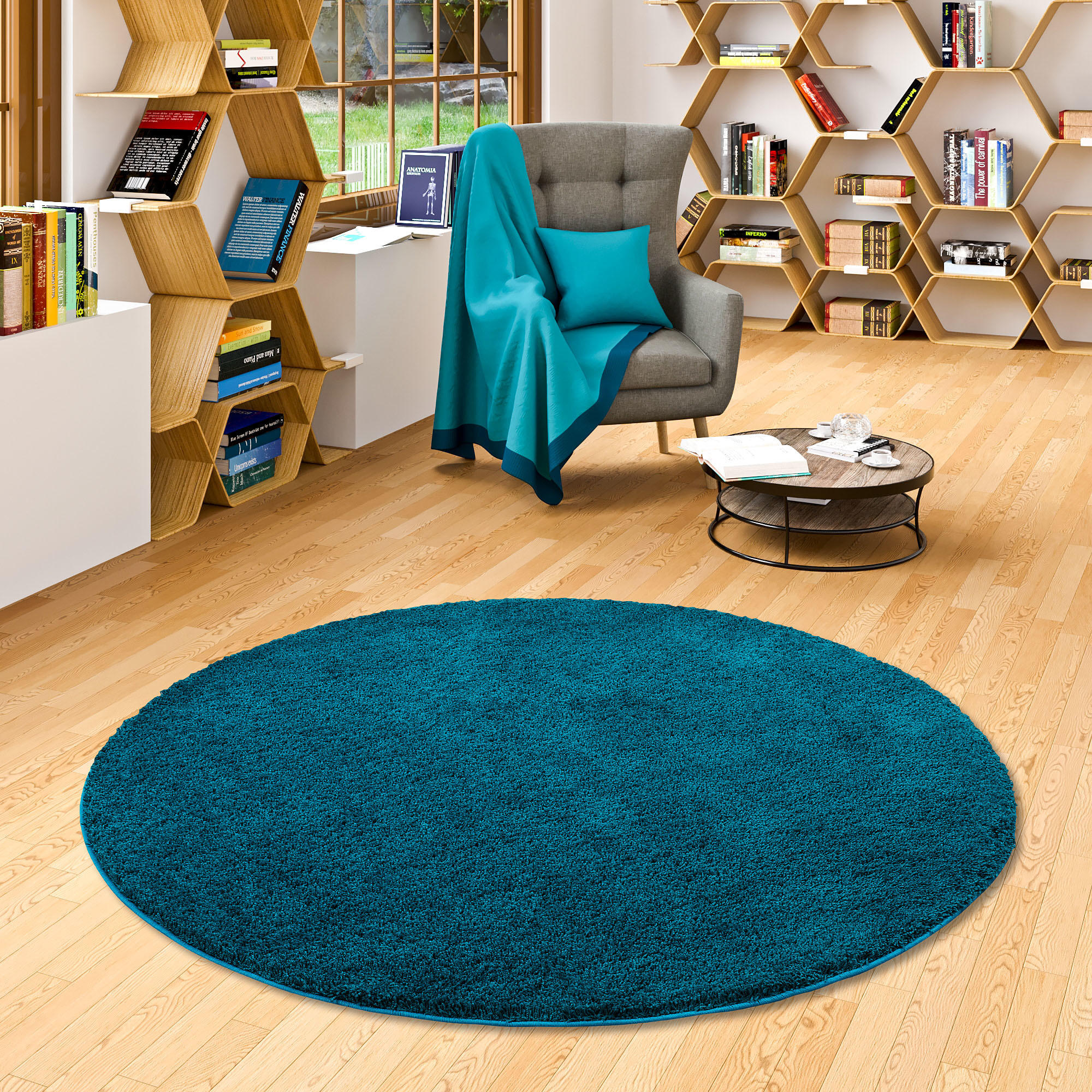 HOCHFLOR SHAGGY TEPPICH PALACE RUND - Petrol, Textil (160/160cm) - Snapstyle