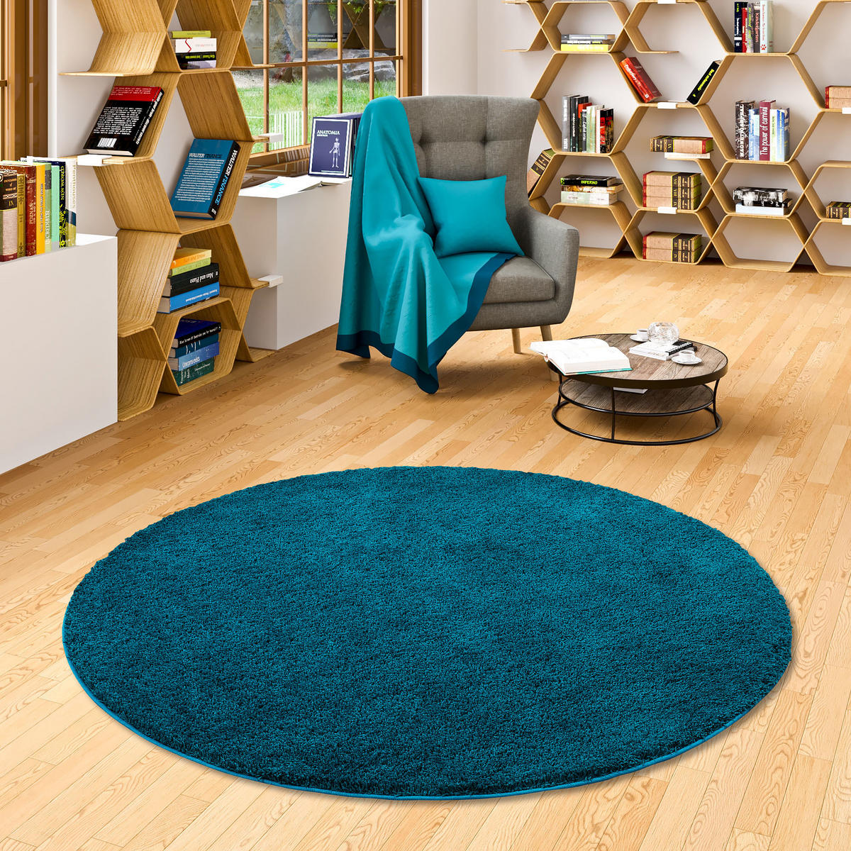 HOCHFLOR SHAGGY TEPPICH PALACE RUND - Petrol, Textil (160/160cm) - Snapstyle