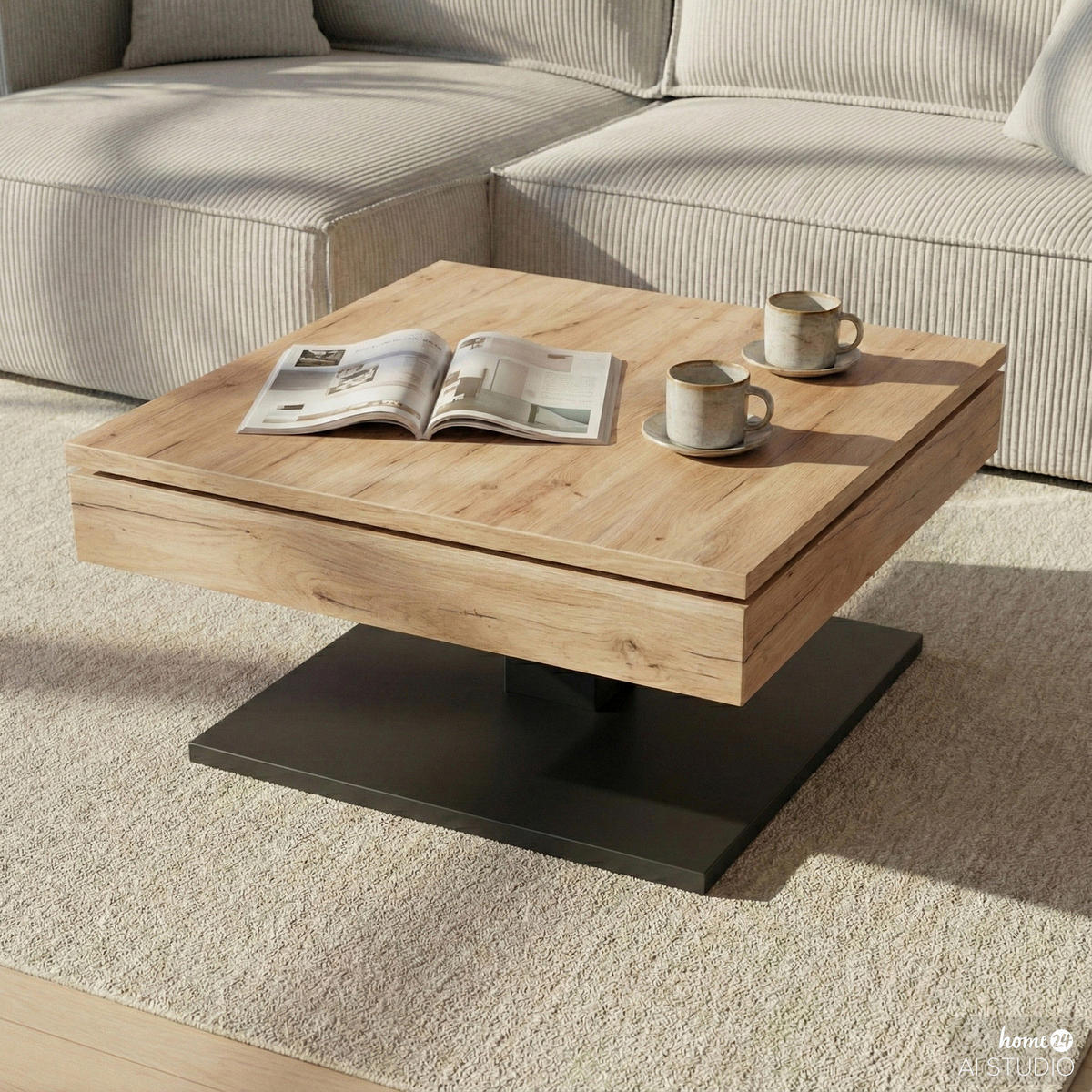COUCHTISCH mit Stauraum - Eiche Dekor / Schwarz - Eichefarben/Schwarz, Holzwerkstoff/Metall (75/75/38cm) - home24
