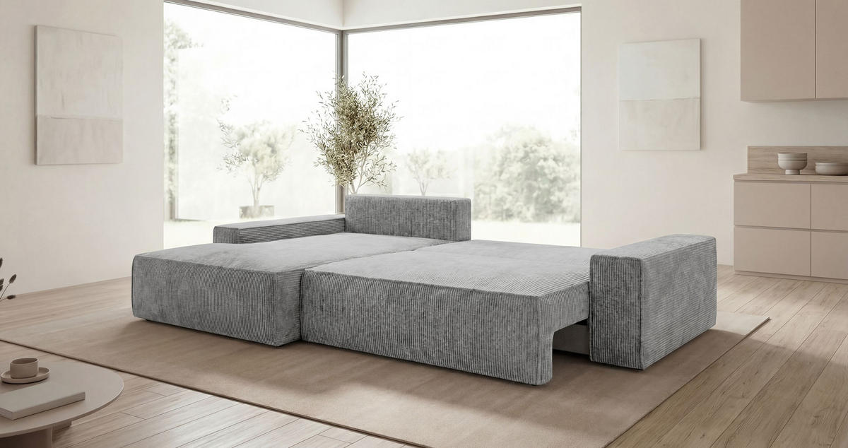 ECKSOFA VERONA links grau Cord Poso 55 - Schlaffunktion, Bettkasten - Grau, Textil (280/185cm) - Cornero
