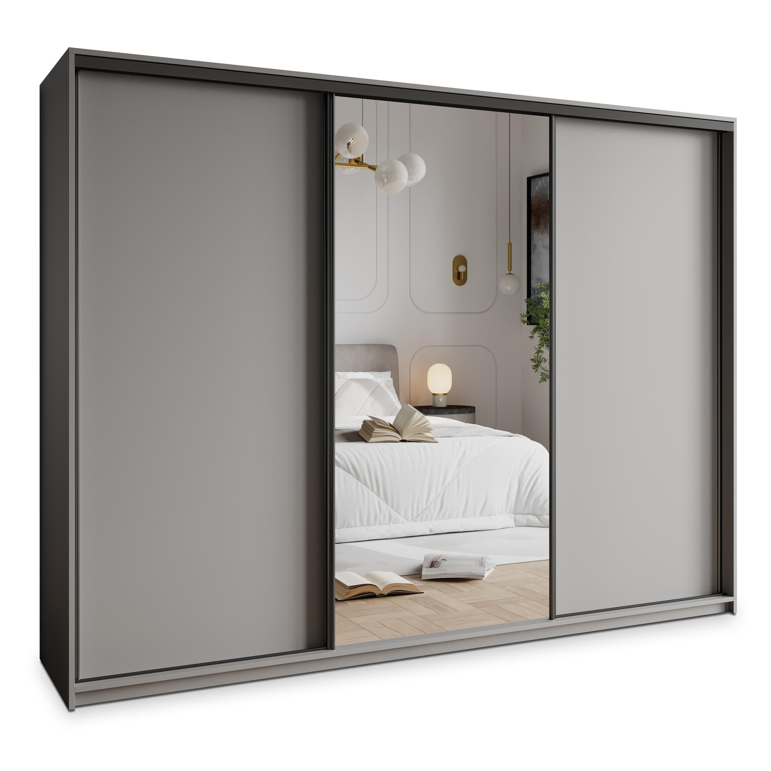 SCHWEBETÜRENSCHRANK TAVI 250/205/60 cm 3-türig mit Spiegel und Schubladen Graphitfarben - Graphitfarben/Schwarz, Holzwerkstoff (250/205/60cm) - MASSENO