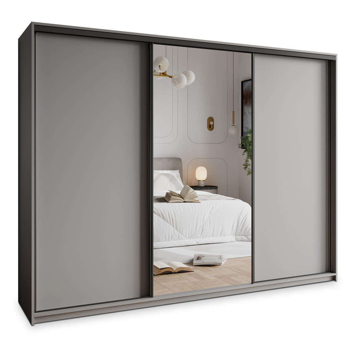 SCHWEBETÜRENSCHRANK TAVI 270/205/60 cm 3-türig mit Spiegel Graphitfarben - Graphitfarben, Holzwerkstoff (270/205/60cm) - MASSENO