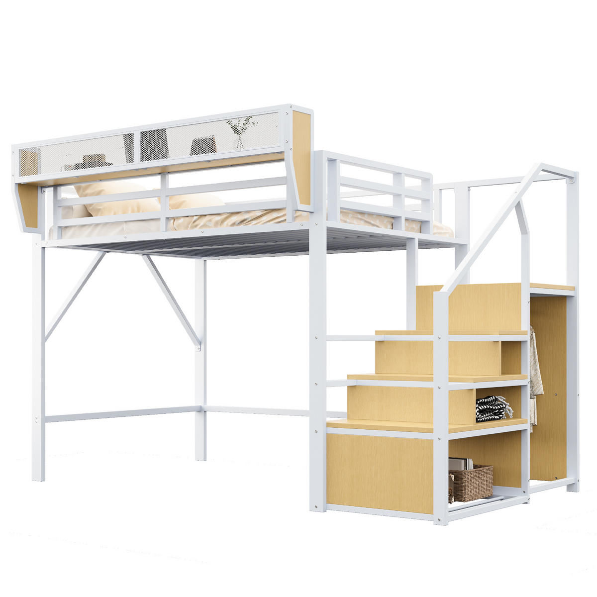 HOCHBETT 140 x 200 cm mit Sicherheitsleiter und Stauraum, Metallkonstruktion, weiß - Weiß, Metall (140/200cm) - KOMHTOM
