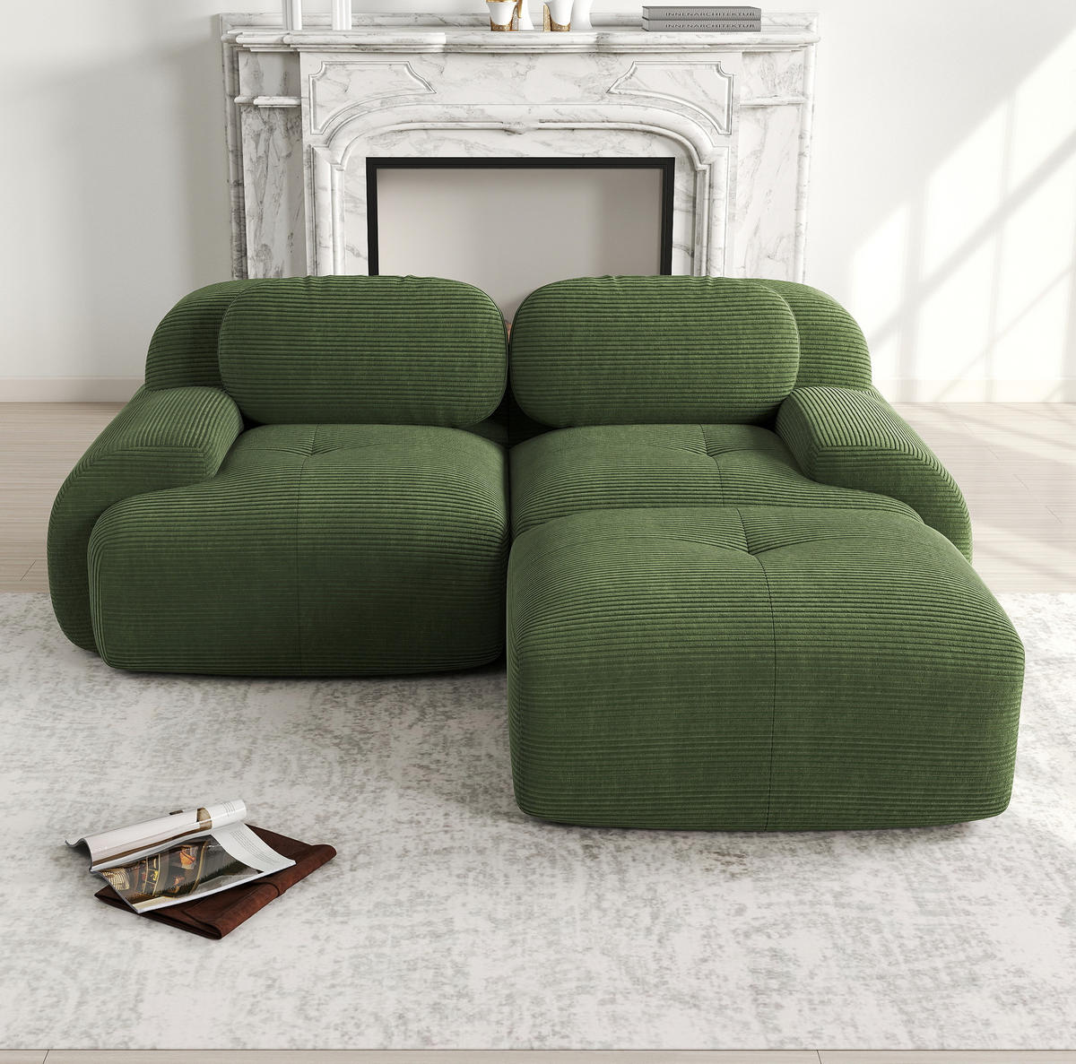 ECKSOFA modular rahmenlos mit geschwungenen Armlehnen und Cordbezug, Grün - Grün, Textil (208/178cm) - Redom