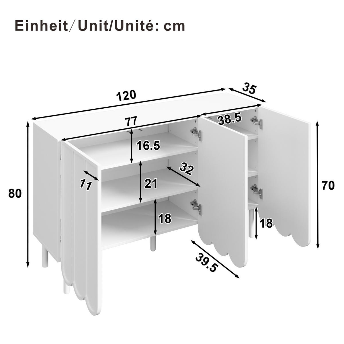 SIDEBOARD 120/35/80 cm Weiß aus MDF mit Wellentüren grifflos - Weiß, Holzwerkstoff (120/80/35cm) - OKWISH