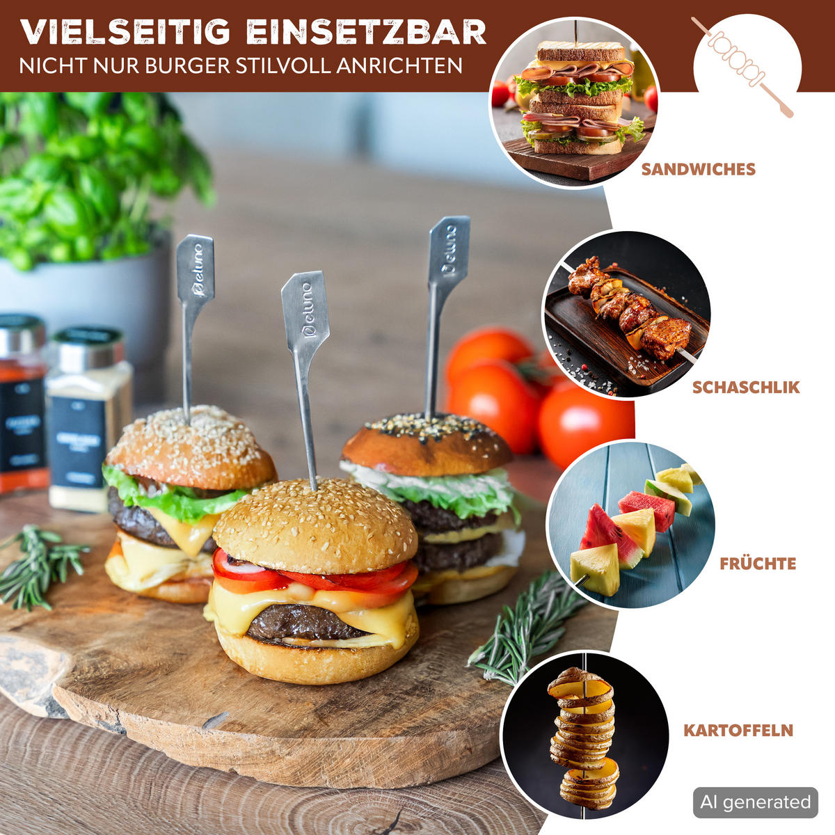 BURGERSPIESSE 4tlg. - Edelstahlfarben, Metall (0.6/0.3/19cm) - eluno