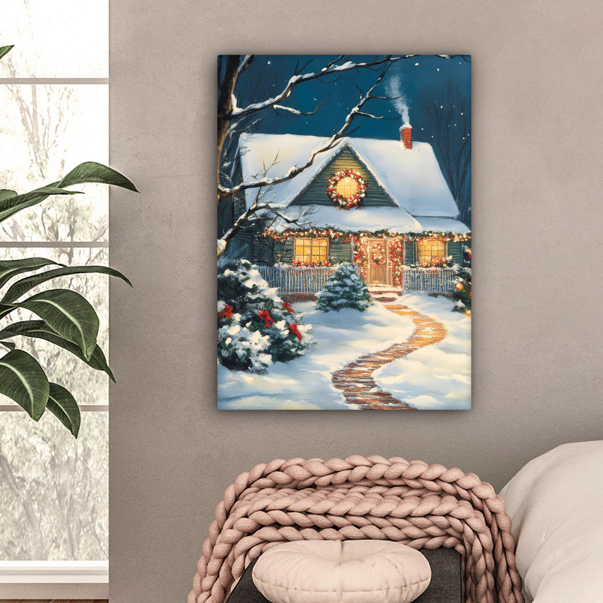 LEINWANDBILD Weihnachten - Weihnachtsbaum - Winter - Zuhause - Schnee 60x80 cm - Multicolor, Textil (60/80cm) - MuchoWow