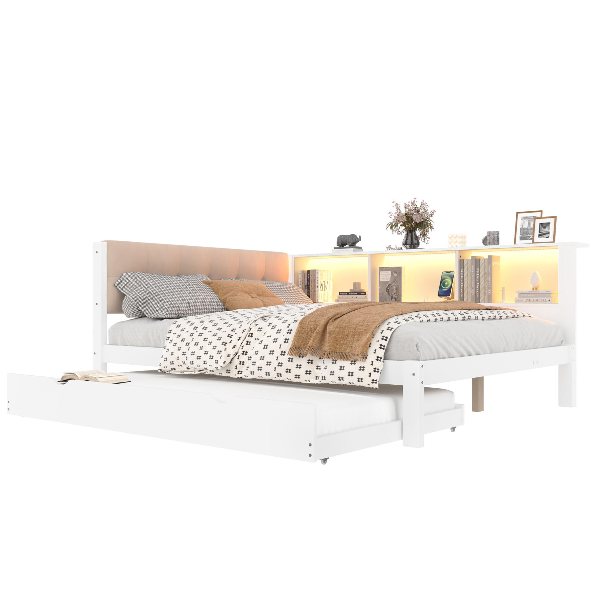 Modfu POSTEL z borovice 140x200 cm bílá s výsuvným lůžkem, LED osvětlením, USB portem a bočním regálem