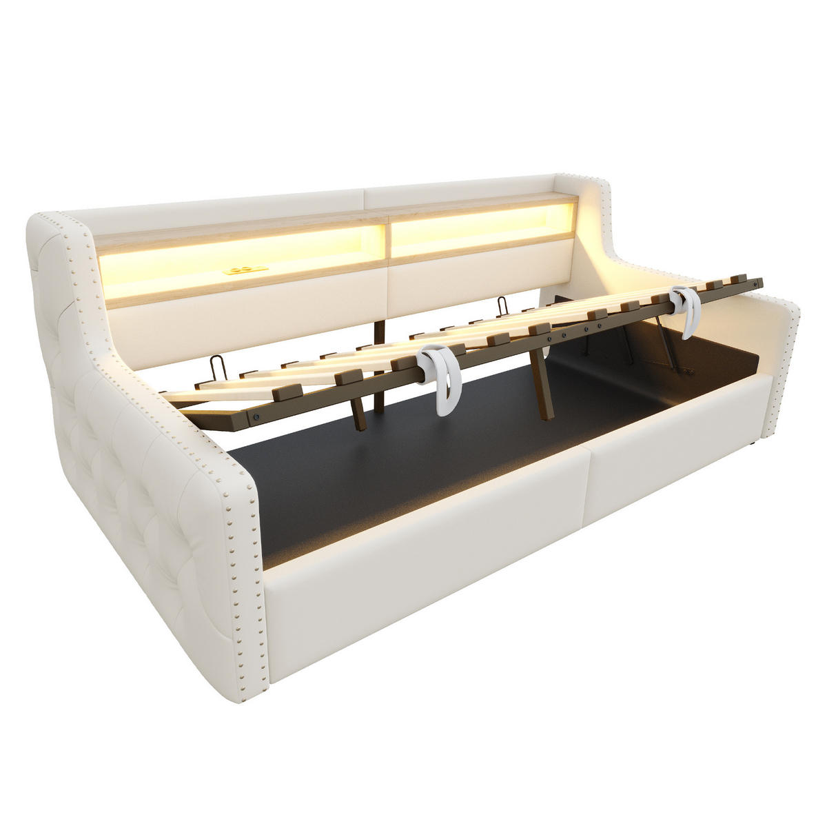 SCHLAFSOFA 90/200 cm Beige aus Samt mit Stauraum und LED - Beige, Textil (90/200cm) - OKWISH