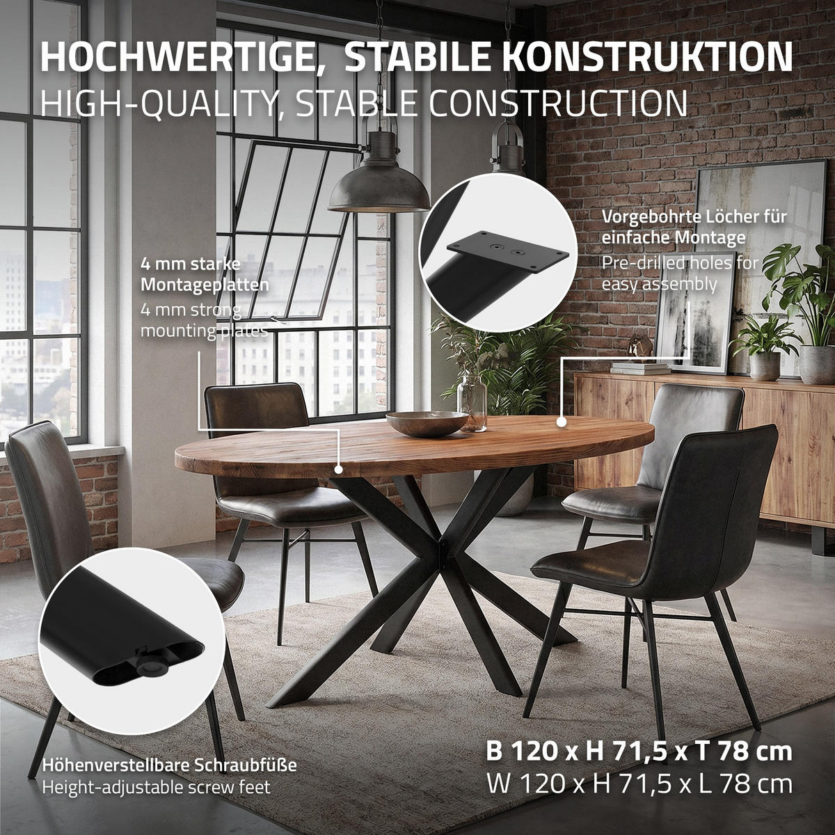 NOHY STOLU kovové černé 120 x 78 x 71,5 cm, plochý podstavec ve tvaru X, čtyřnohý, z oceli - černá, kov (120/71.5/78cm) - ML-DESIGN