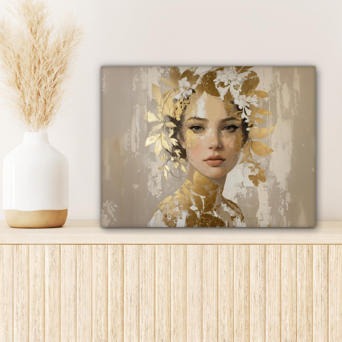 LEINWANDBILD Gesicht - Frau - Blätter - Gold Wandbild 40x30 cm - Beige, Textil (40/30cm) - MuchoWow