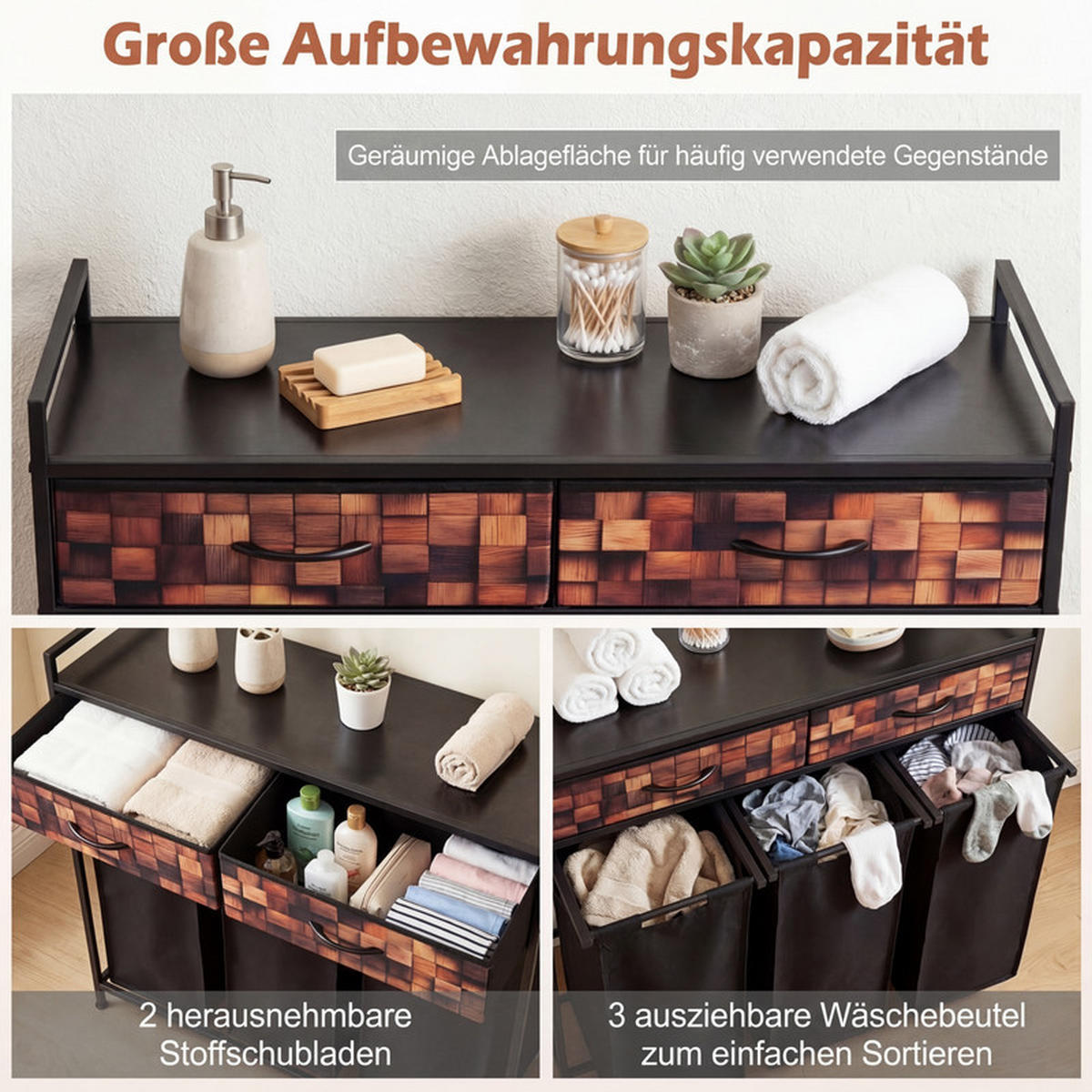 WÄSCHEKORB mit Wäschesäcken schwarz - Schwarz, Metall (92.5/93.5/33cm) - COSTWAY
