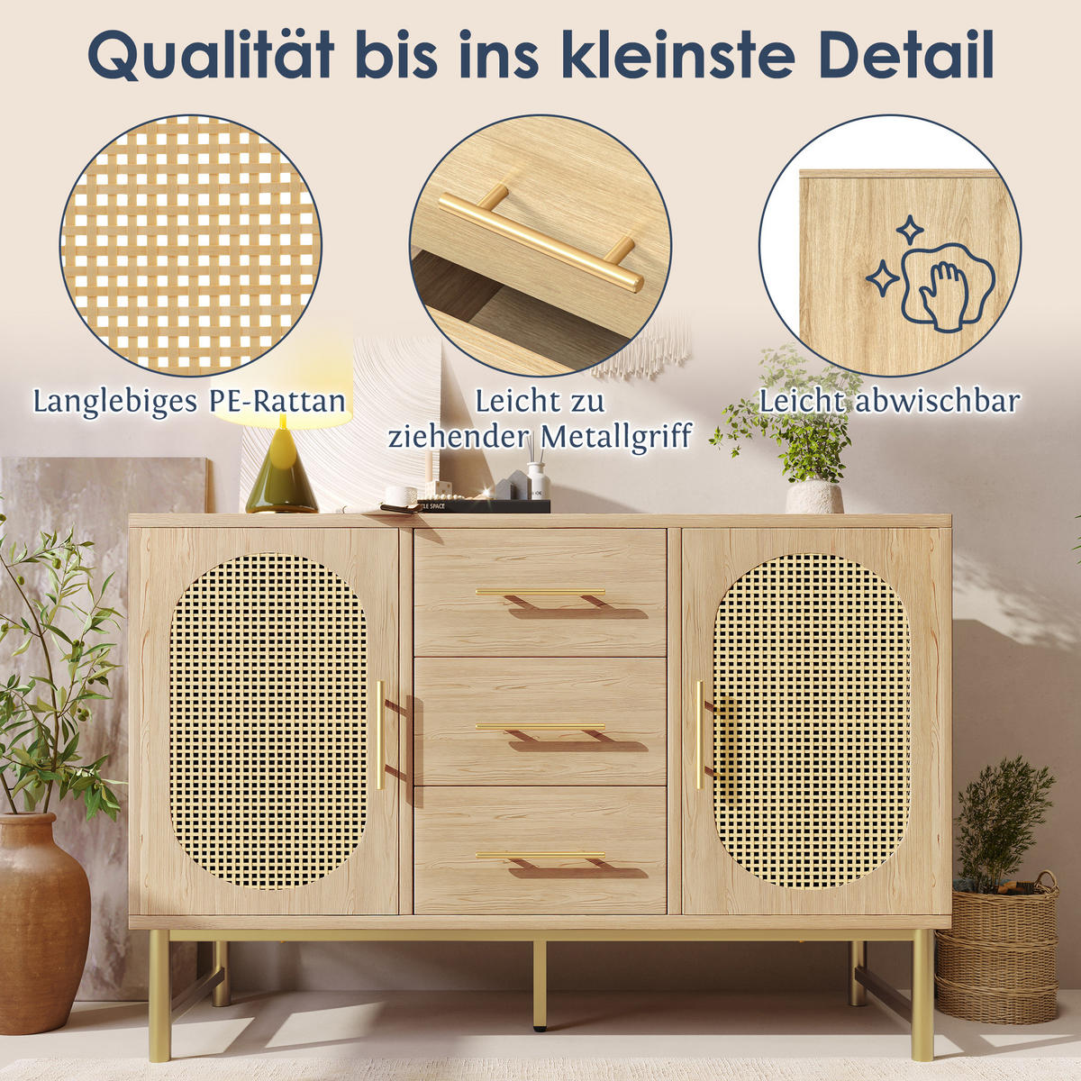 KOMMODE in Eichenfarben Sideboard mit Rattan-Türen und Schubladen für Wohnzimmer und Schlafzimmer, B120/T40/H74 cm - Eichefarben/Goldfarben, Holzwerkstoff/Metall (120/74/40cm) - STILVORA