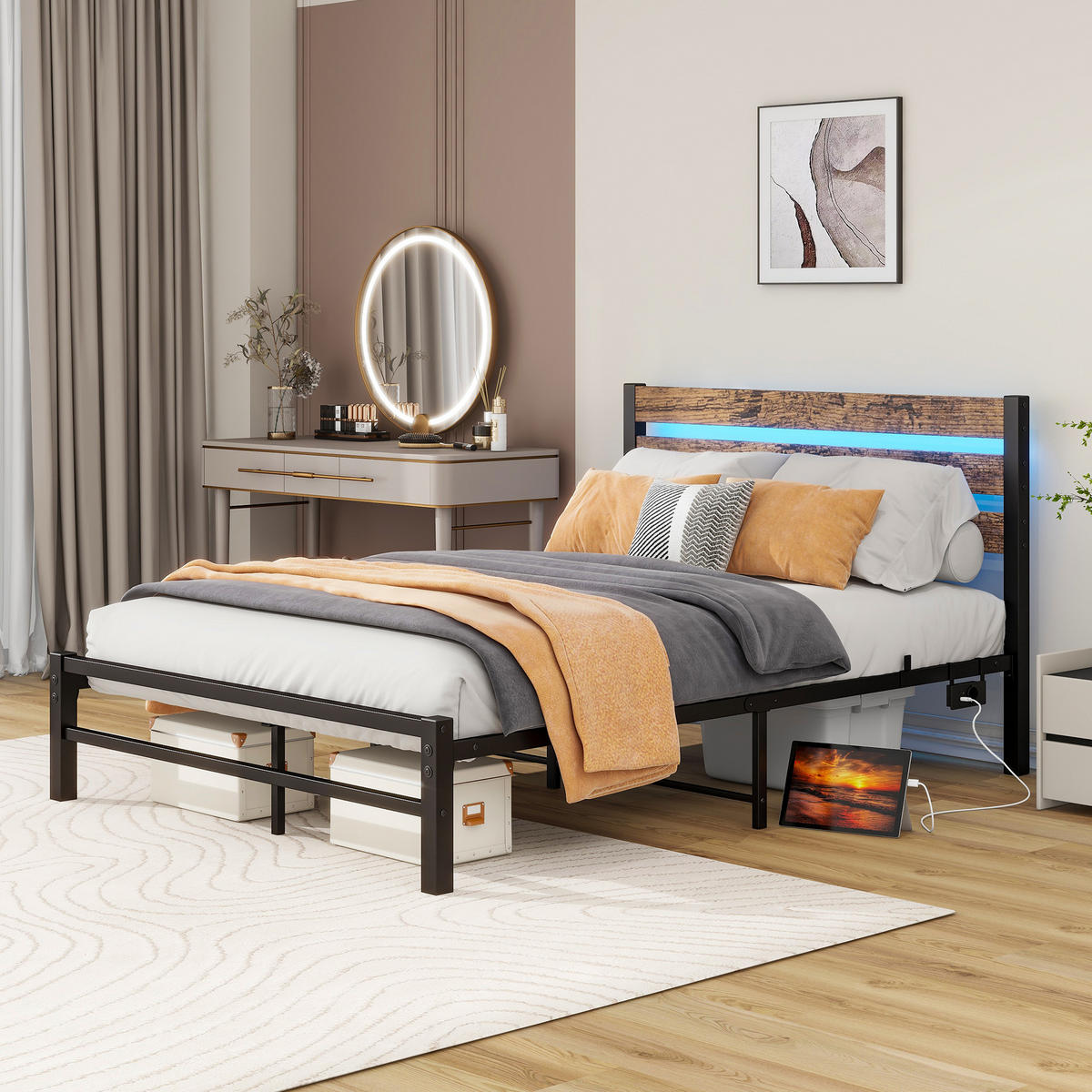 METALLBETT 120x200 cm LED USB Kopfteil - Dunkelbraun, Holzwerkstoff (120/200cm) - LEBENLANG