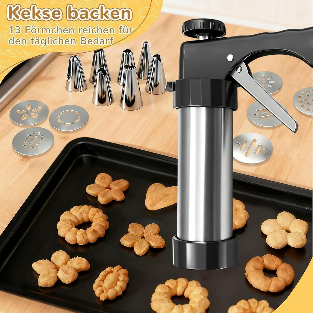 GEBÄCKPRESSE Set Edelstahl mit 13 Schablonen und 8 Tüllen - Silberfarben, Metall (15/6.2/22cm)