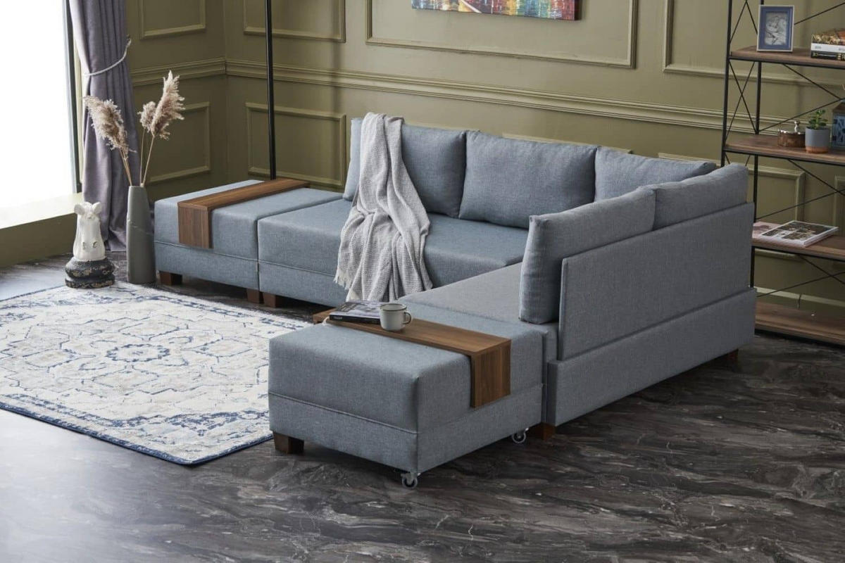 ECKSOFA mit rollbarer Schlaffunktion - Blau/Walnussfarben, Holz/Textil (210/280cm) - myHomelando