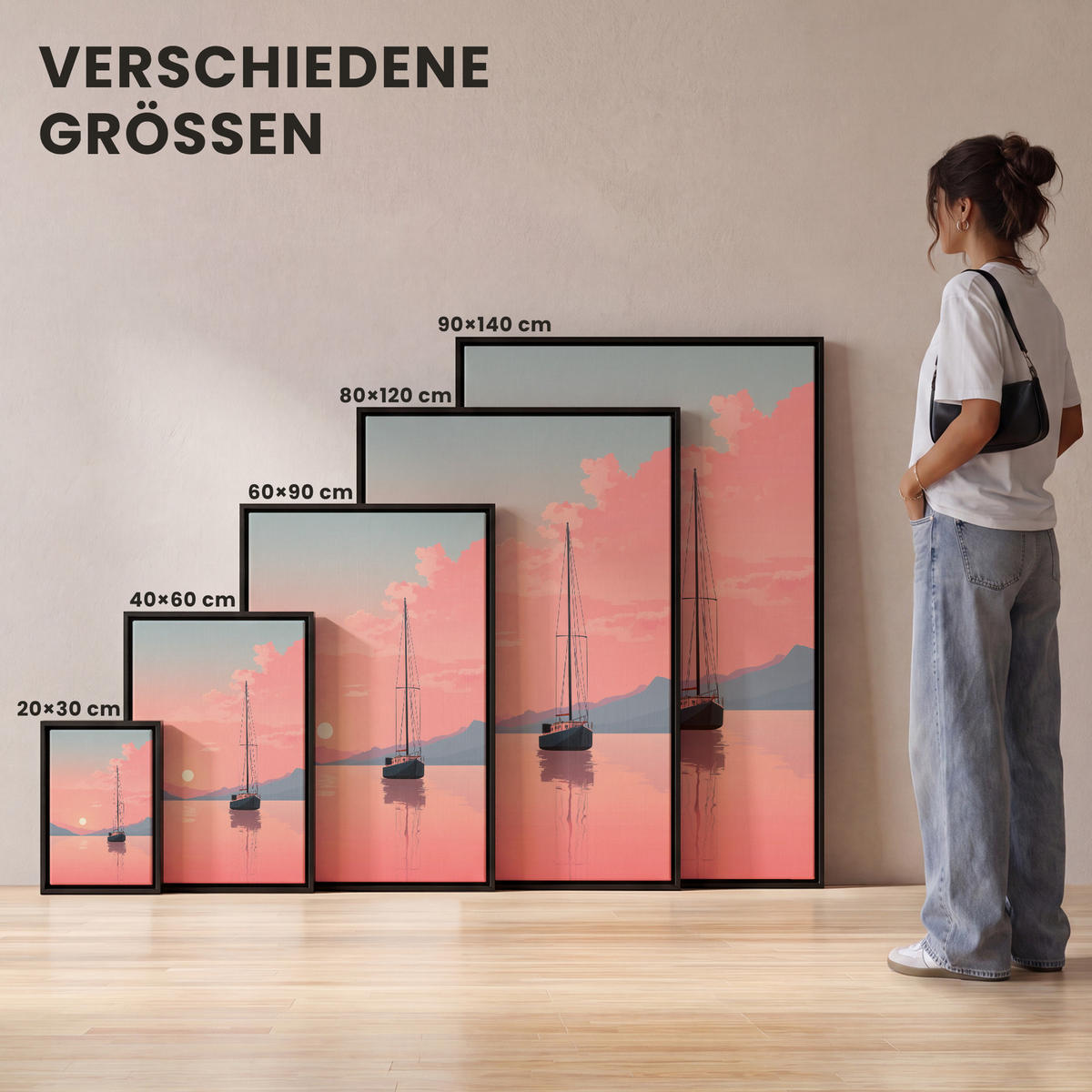 LEINWAND Bilder mit Rahmen - Segelboot - Rosa Meer - Sonnenuntergang - Berge - 20x30 - Rosa, Textil (20/30cm) - MuchoWow