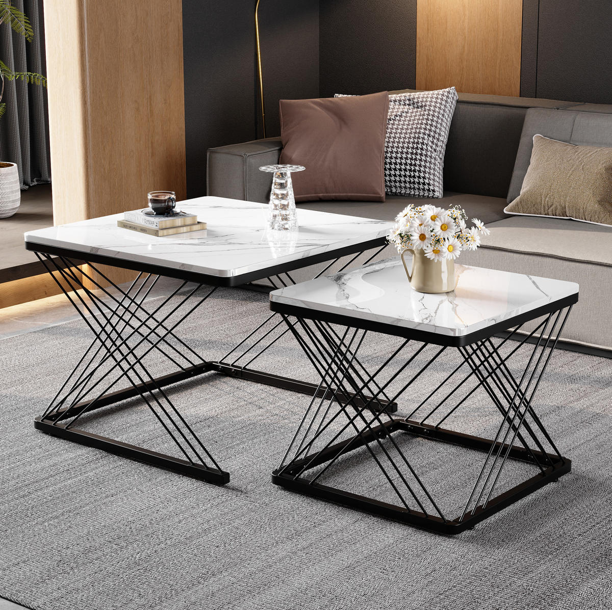 COUCHTISCH-SET aus MDF 60x60x45 cm Schwarz-Weiß in Hochglanz-Marmoroptik, 2-teilig - Schwarz, Holzwerkstoff (60/60/45cm) - IVMEU