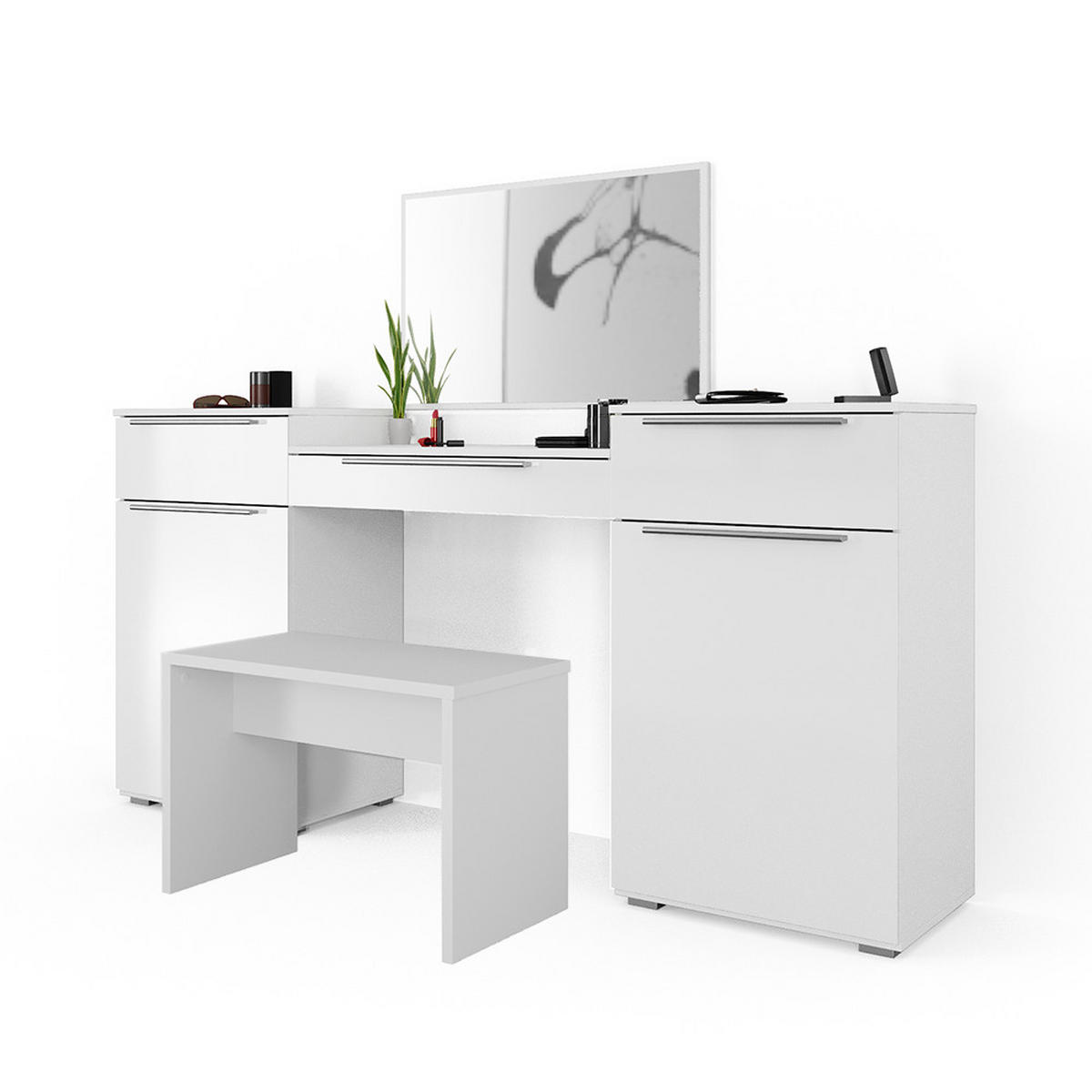 SCHMINKTISCH Lilli Weiß 190 cm mit Bank - Weiß, Holzwerkstoff (190/90/39cm) - Vicco