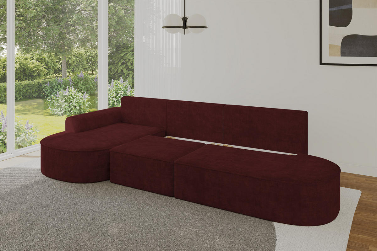 ECKSOFA mit Schlaffunktion Ottomane Links MARI L2-S 368X167X85 Bordeauxrot Velours - Bordeaux/Schwarz, Holzwerkstoff/Kunststoff (368/167cm) - ALTDECOR