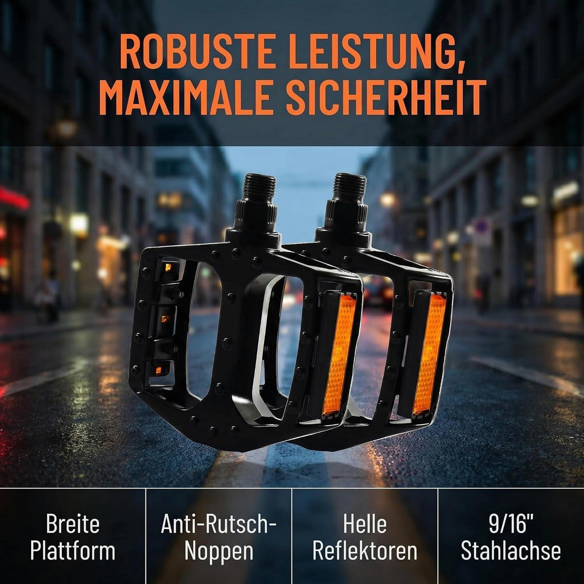 FAHRRADPEDALE 9/16 Zoll Aluminium mit Reflektoren Schwarz - Schwarz, Metall (10/1.5/12cm)
