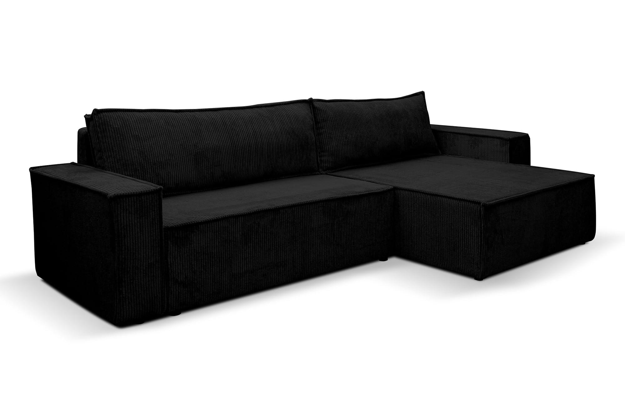ECKSOFA HUGO XL Schlaffunktion und Bettkasten Cord-Stoff (Schwarz) - Schwarz, Textil (274/142cm) - VENASI MÖBEL