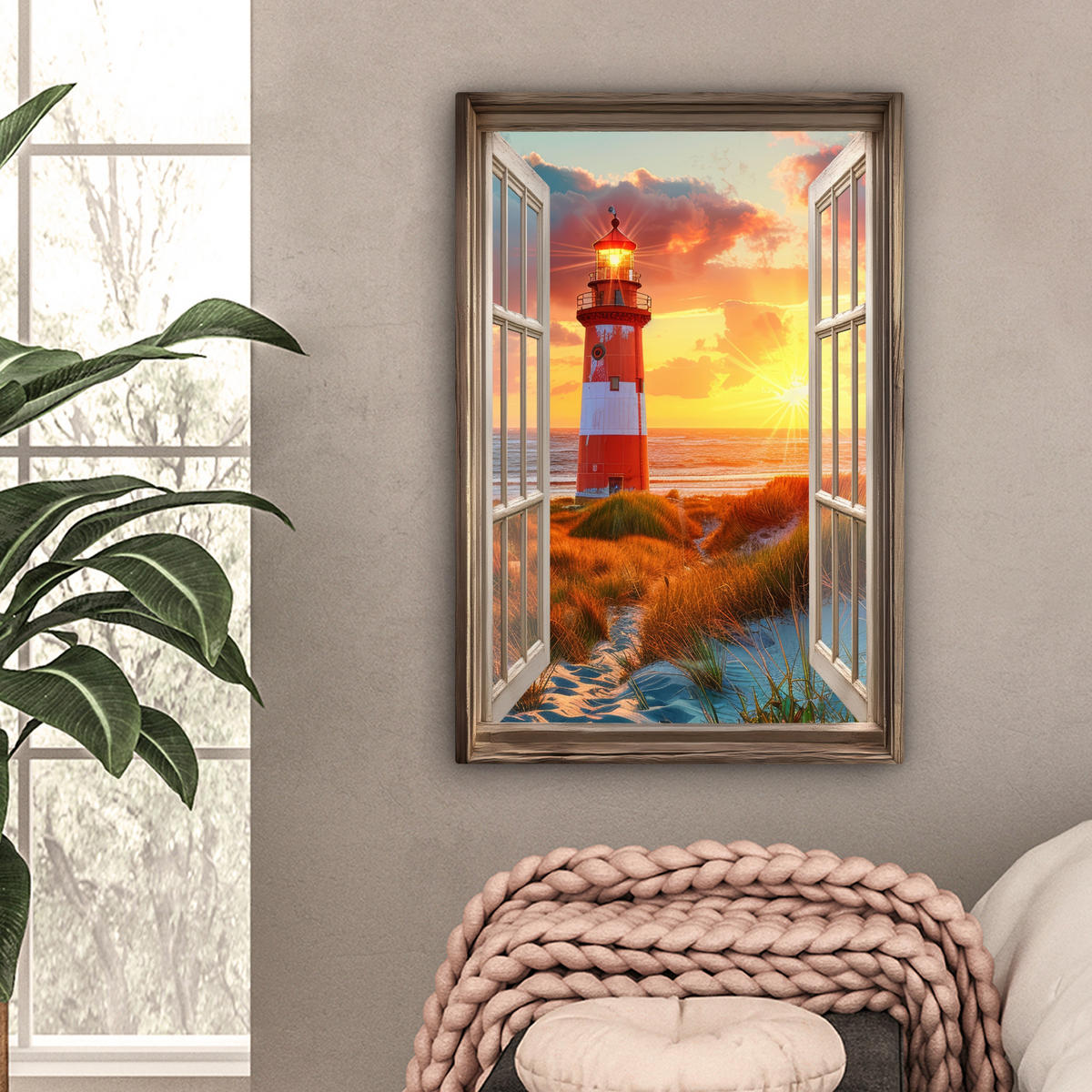 LEINWANDBILD Aussicht - Fenster - Leuchtturm - Sonnenuntergang - Strand 40x60 cm - Dunkelorange, Textil (40/60cm) - MuchoWow