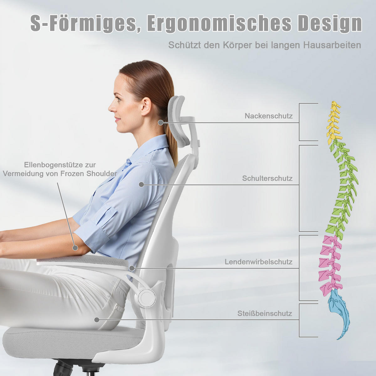 BÜROSTUHL ergonomisch, höhenverstellbar, klappbare Armlehnen, Kopfstütze – Grau - Grau, Metall (50.5/134/52cm) - Rattantree