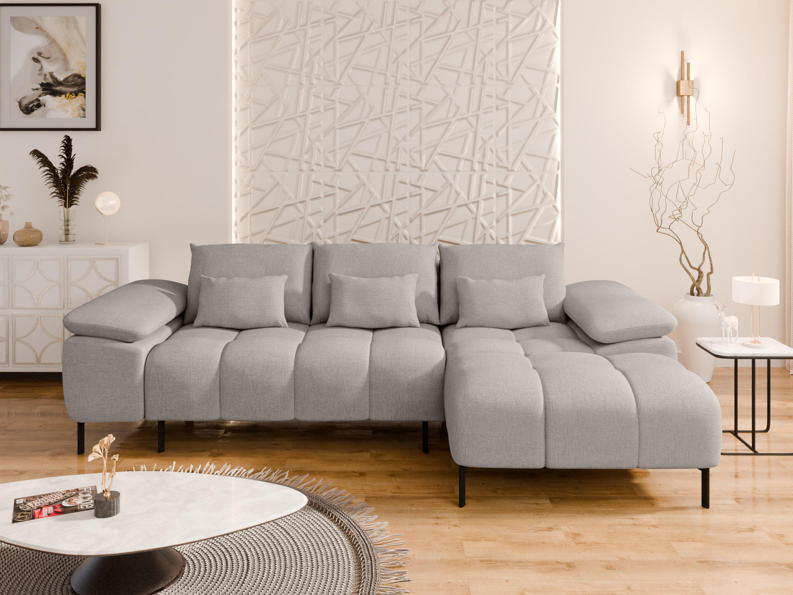 ECKSCHLAFSOFA 4-Sitzer DOLUS – Modernes Ecksofa mit Schlaffunktion Rechts montierbar, Hellgrau - Hellgrau, Holz (141/277cm) - Panda Möbel