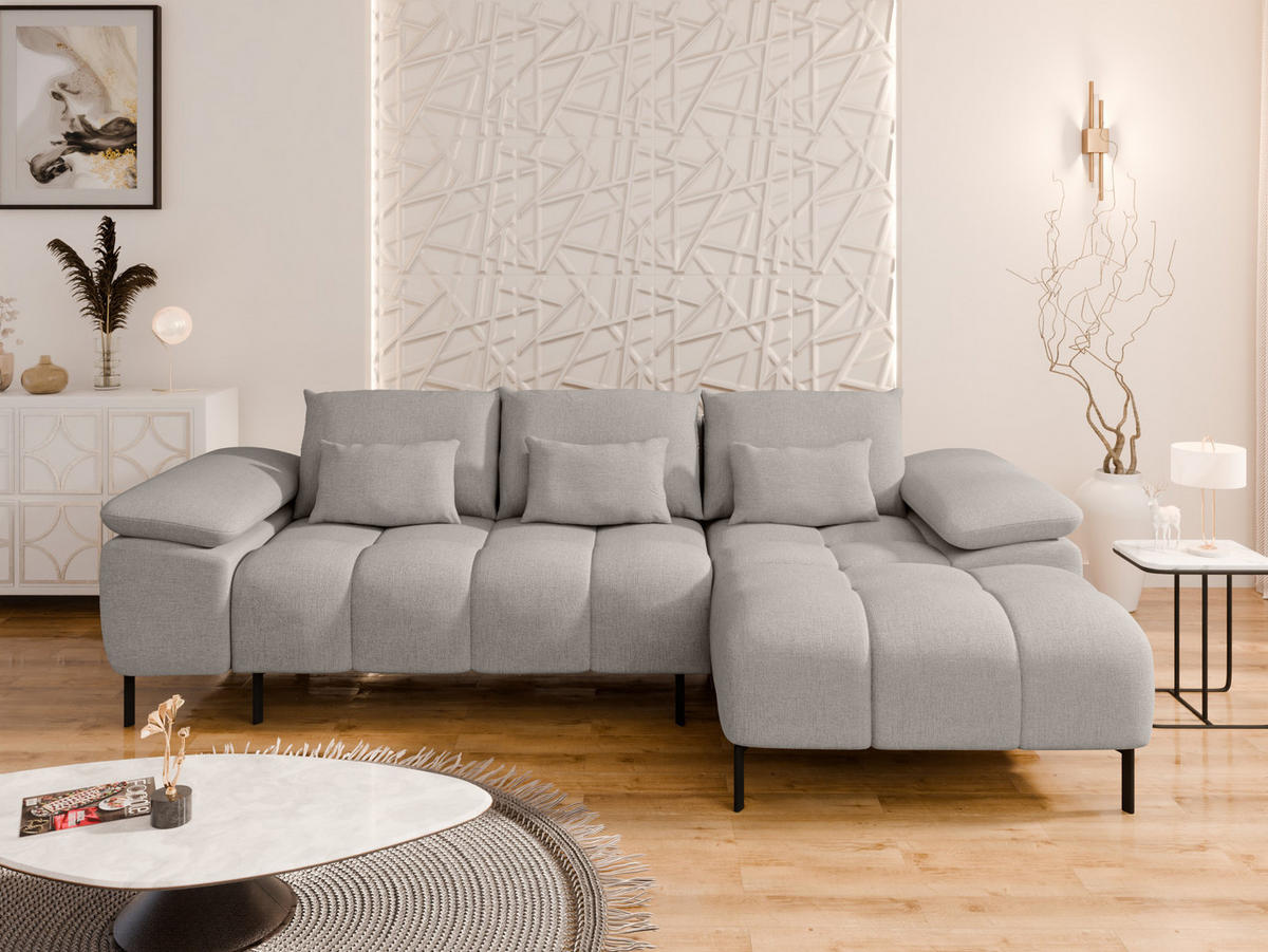 ECKSCHLAFSOFA 4-Sitzer DOLUS – Modernes Ecksofa mit Schlaffunktion Rechts montierbar, Hellgrau - Hellgrau, Holz (141/277cm) - Panda Möbel