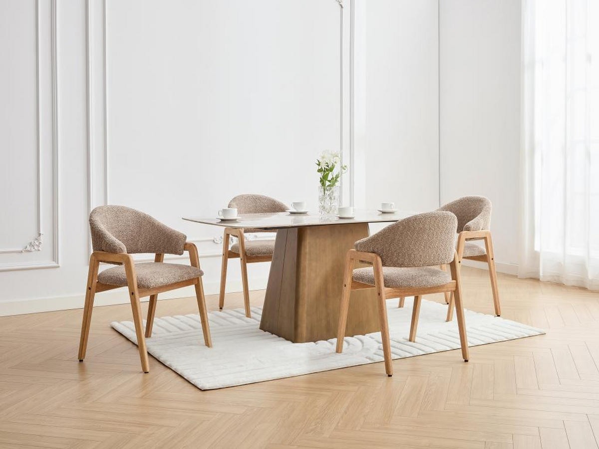 STUHL mit Armlehnen 2er-Set - Bouclé-Stoff & Kautschukholz - Taupe & Holzfarben - SOLUNA - Braun, Textil (53.5/82/56cm) - Vente-Unique