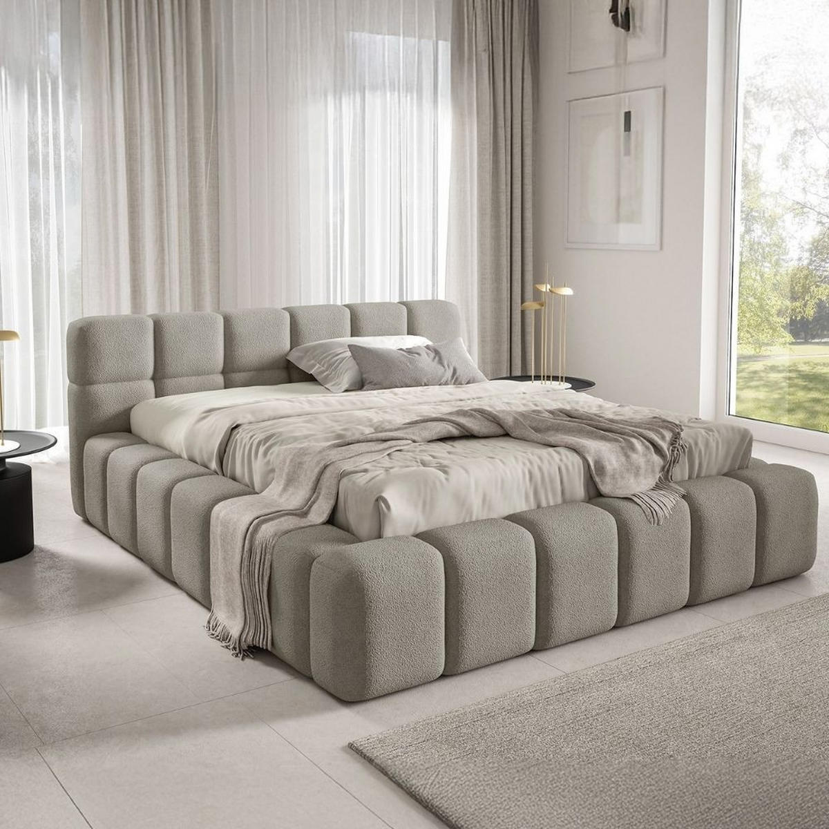 POLSTERBETT NUBO PREMIUM 180x200 cm mit Bettkasten – Stoff QUELLE 05 - Beige/Grau, Holz (180/200cm) - Dekori_Interiors