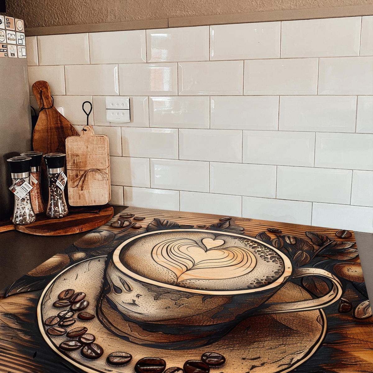 HERDABDECKPLATTE Kaffee - Vintage - Braun - Tasse - Holz Induktionsmatte 78x78 cm - Cappuccino, Kunststoff (78/78/0.2cm) - MuchoWow