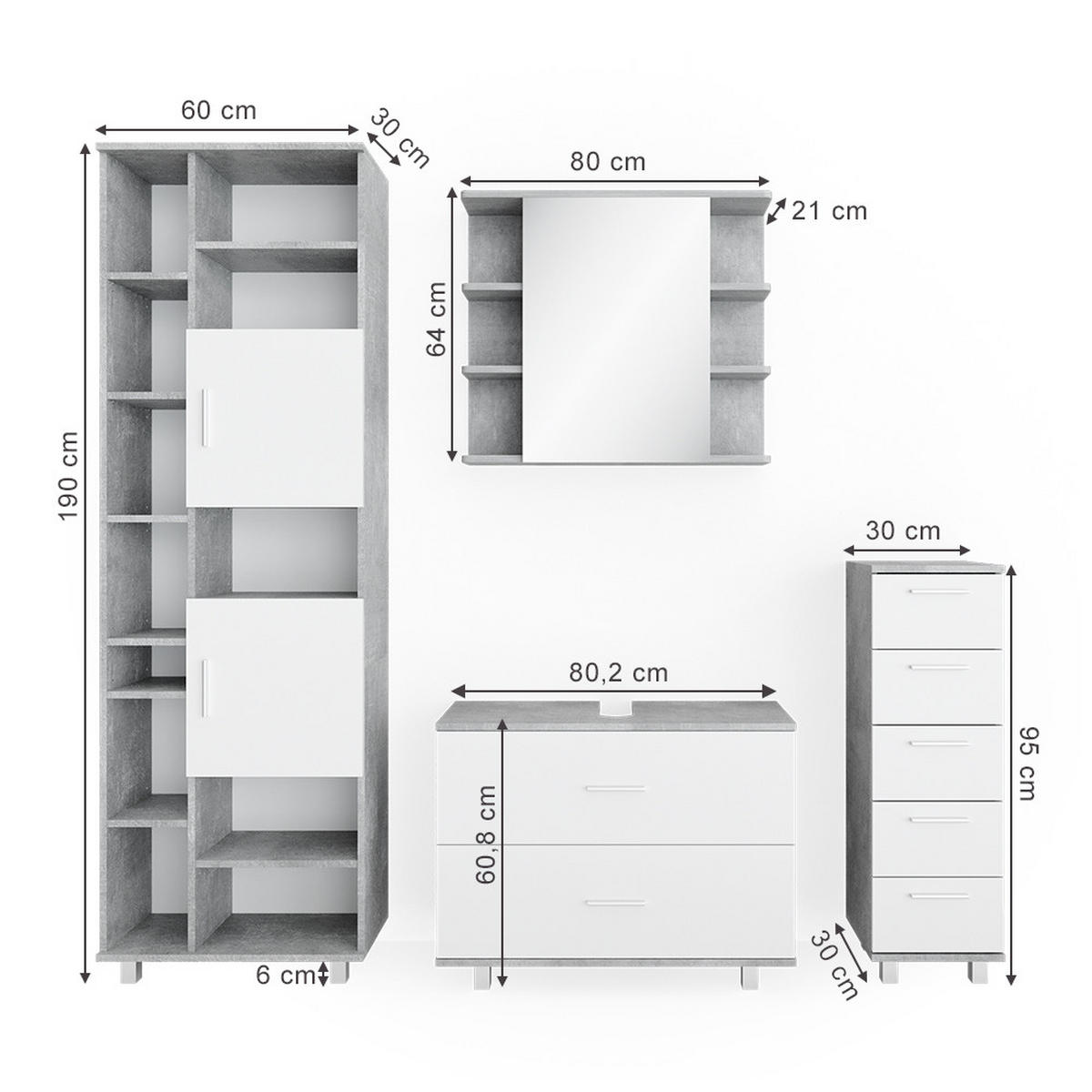 BADMÖBEL-SET Ilias Beton/Weiß 4 Teile, mit Hochschrank - Weiß/Grau, Holzwerkstoff (80.2/60.8/33cm) - Vicco