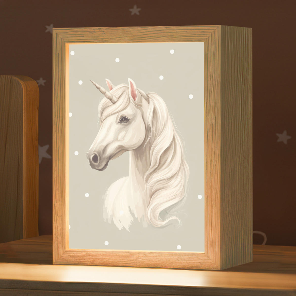 NACHTTISCHLAMPE Einhorn - Weiß - Punkte 15x20 cm - Taupe, Holzwerkstoff (8/15/20cm)