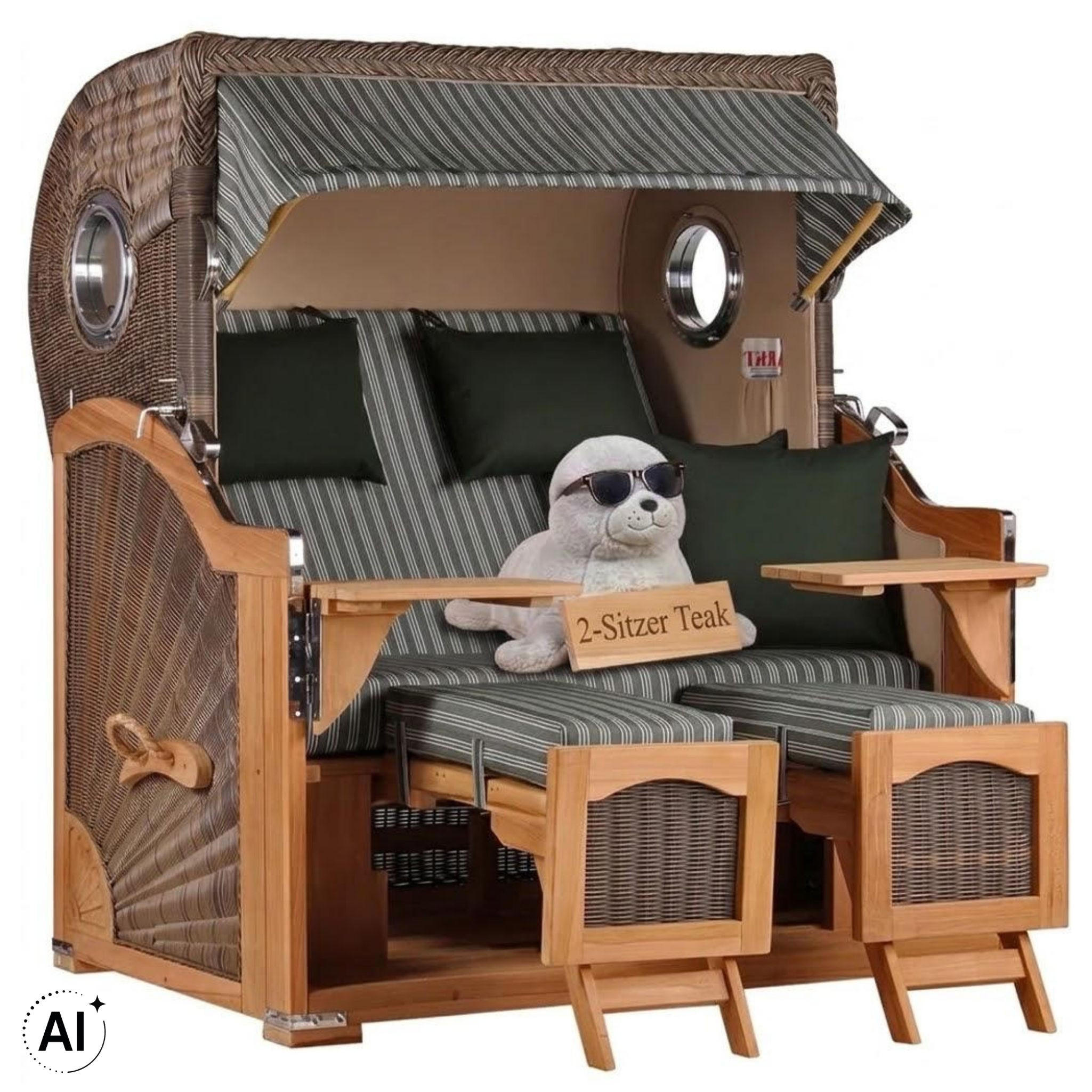 STRANDKORB Düne 2 Sitzer Teak PE Grey - Braun/Grün, Holz/Metall (125/170/80cm) - Mr. Deko