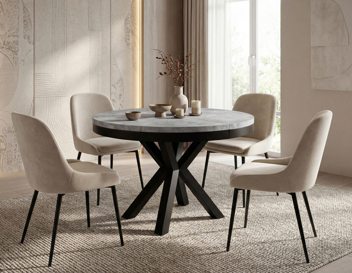 ESSTISCH Clara runder ausziehbarer, Grauer Beton 120-200/120/76 cm - Hellgrau/Schwarz, Holzwerkstoff/Metall (120/120/76cm) - WFL GROUP