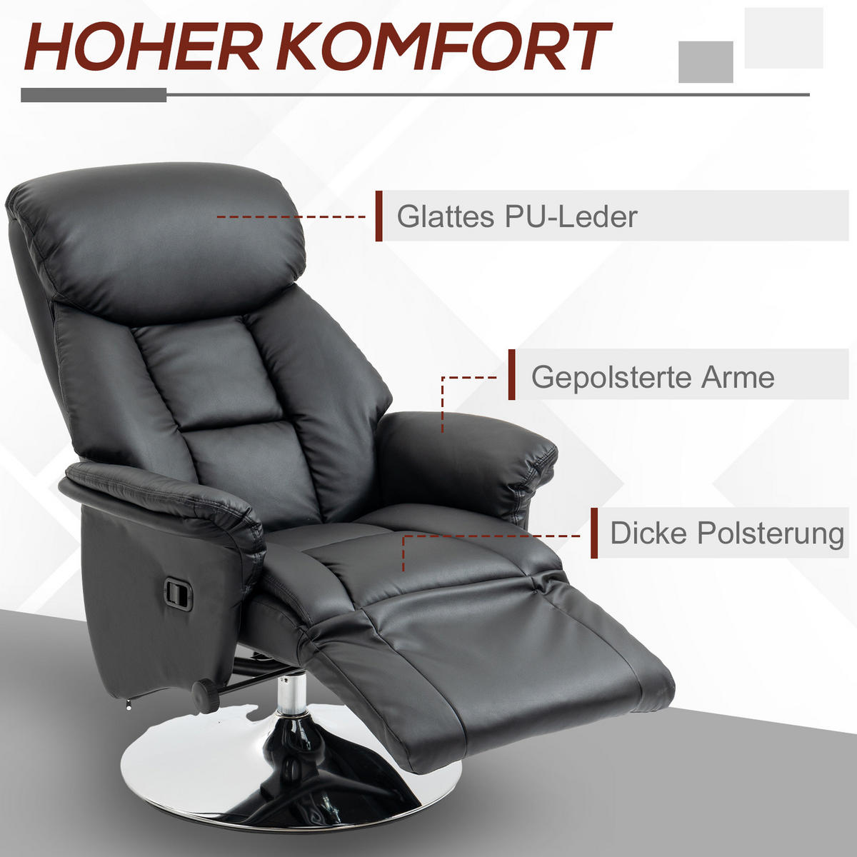 RELAXSESSEL Fernsehsessel mit Manuell Verstellbar Rückenlehne, Fußteil Schwarz - Schwarz, Leder (78/109/80cm) - HOMCOM