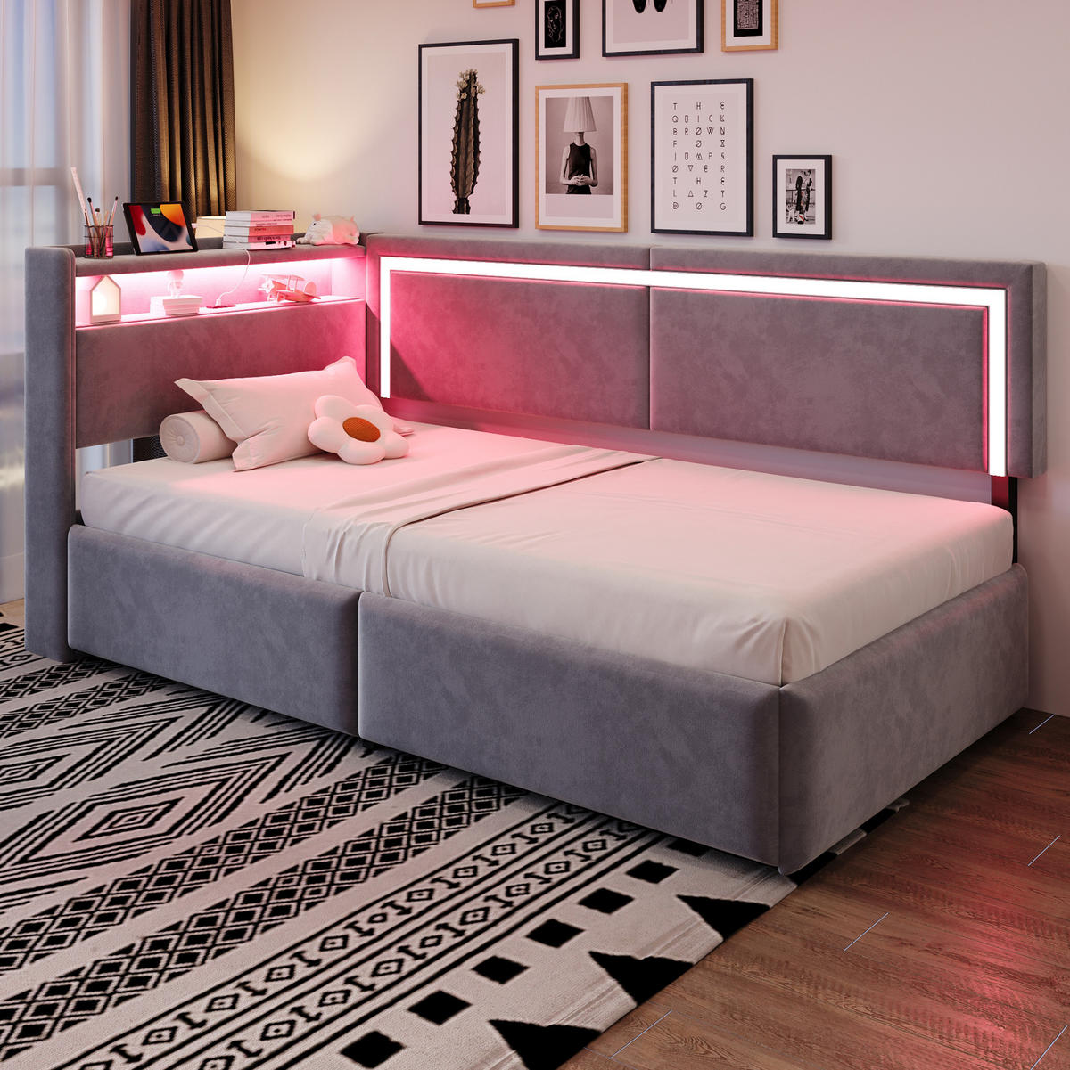 POLSTERBETT aus Samt 90x200 cm Hellgrau mit LED-Beleuchtung, USB-Anschluss und hydraulischem Bettkasten - Hellgrau, Textil (90/200cm) - Modfu