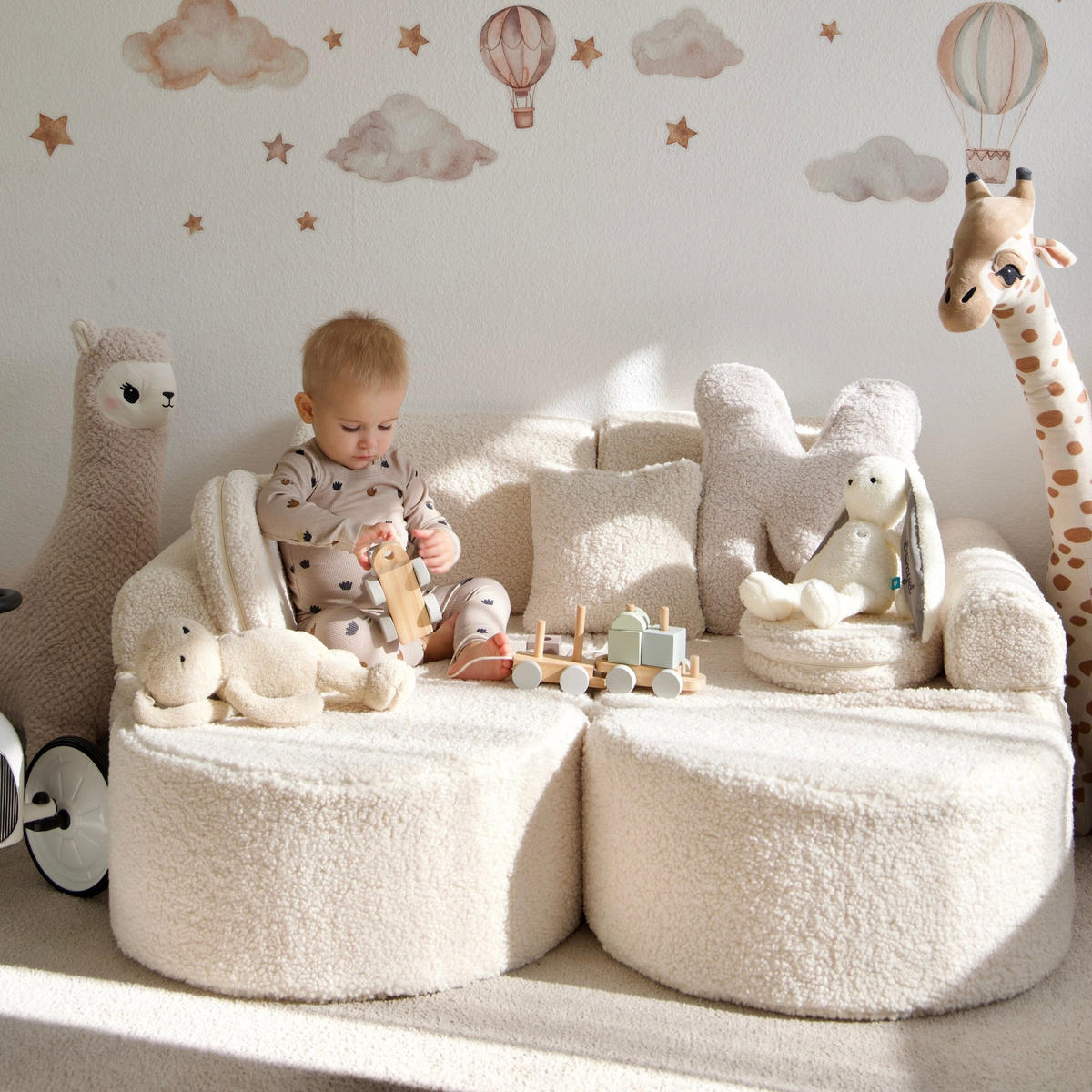 KINDERSOFA Pocket Max modular 12-tlg. aus Teddystoff in Creme - Creme, Textil (120/25/60cm) - MeowBaby