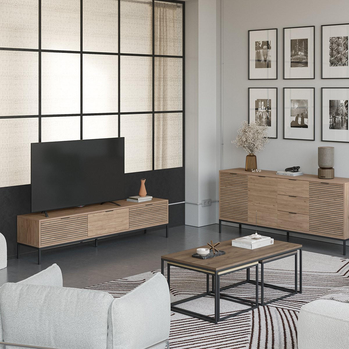 TV-MÖBEL mit 3 Schubladen und Metallfüßen Ariel - L180 cm - Beige, Holzwerkstoff (40/55/180cm) - Calicosy