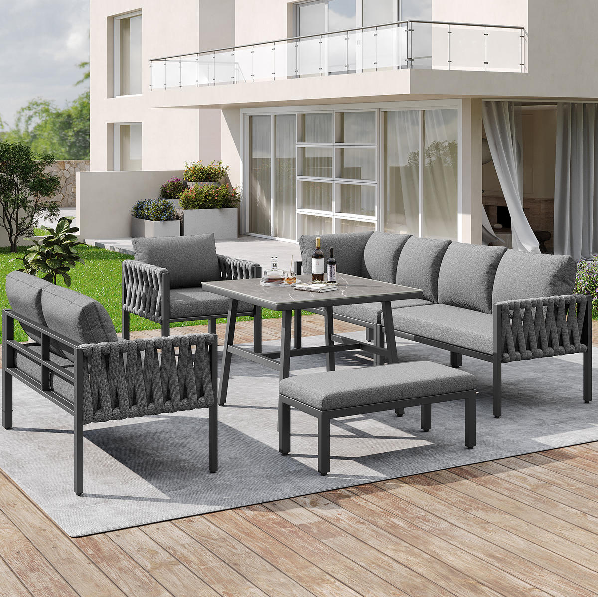 GARTENMÖBELSET 238/61/78 cm grau aus Metall und Polyester mit Kissen und Glastisch - Grau, Metall - OKWISH