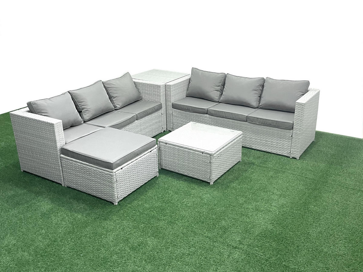 GARTENMÖBEL-SET mit Kissen Polyrattan Hellgrau-Mix 7-Sitzer - Hellgrau/Grau, Glas/Kunststoff - Fimous