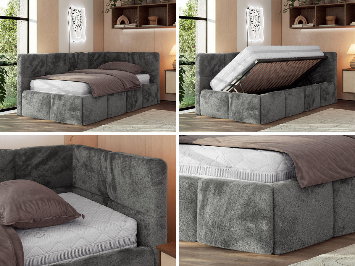 JUGENDBETT ARVO 90/200 - Dunkelgrau Plüsch - Multipocket-Matratze - Rechts Seite - Dunkelgrau, Textil (90/200cm) - MKS