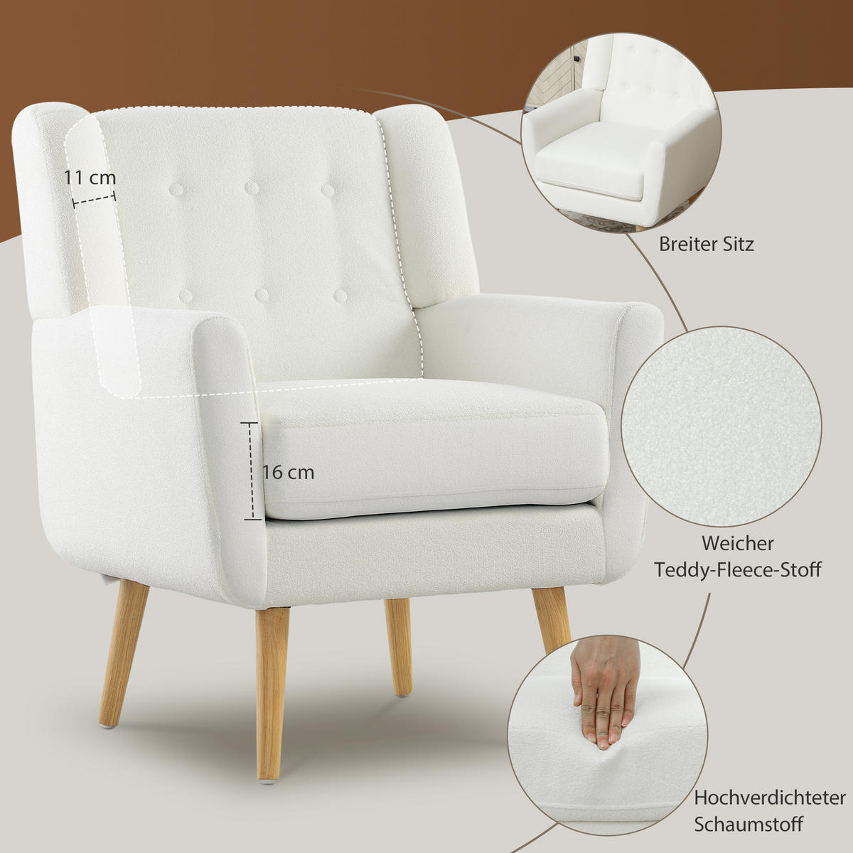 SESSEL Wohnzimmer Gepolstert Ohrensessel mit Teddy-Fleece-Optik, Holzbeine Weiß - Weiß, Kunststoff (72/89/75cm) - HOMCOM