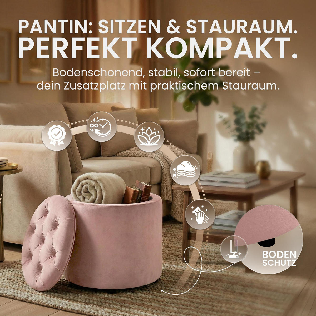 SITZWÜRFEL rund Samt Rosa - Schwarz/Rosa, Kunststoff/Textil (44/42/44cm) - CLP