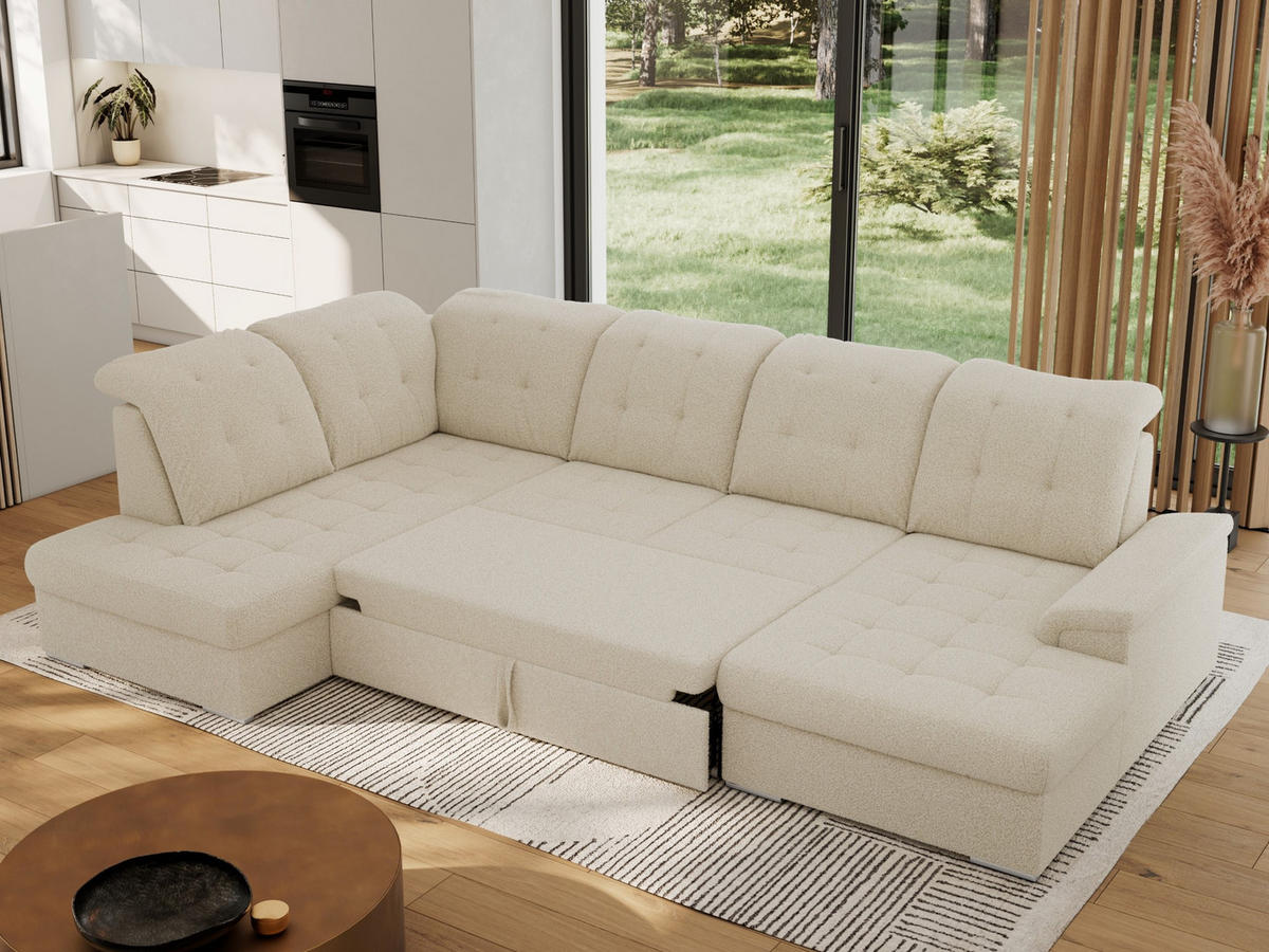 WOHNLANDSCHAFT MADRITO U - Beige Boucle - Links - Beige/Silberfarben, Textil/Metall (204/89/323cm) - MKS
